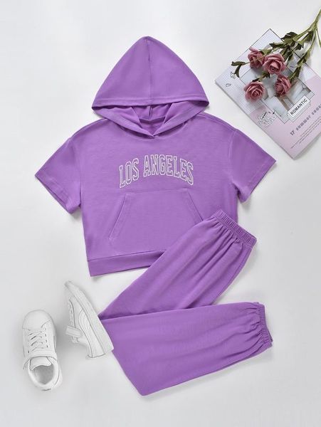 

girls letter graphic hooded tee & sweatpants she, White