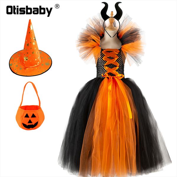 

special occasions 2-12year children girl halloween backless witch dress with hat pumpkin bag fancy girls cosplay masquerade party prom tulle, Blue