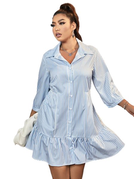 

plus striped ruffle hem shirt dress l0fm#, Black