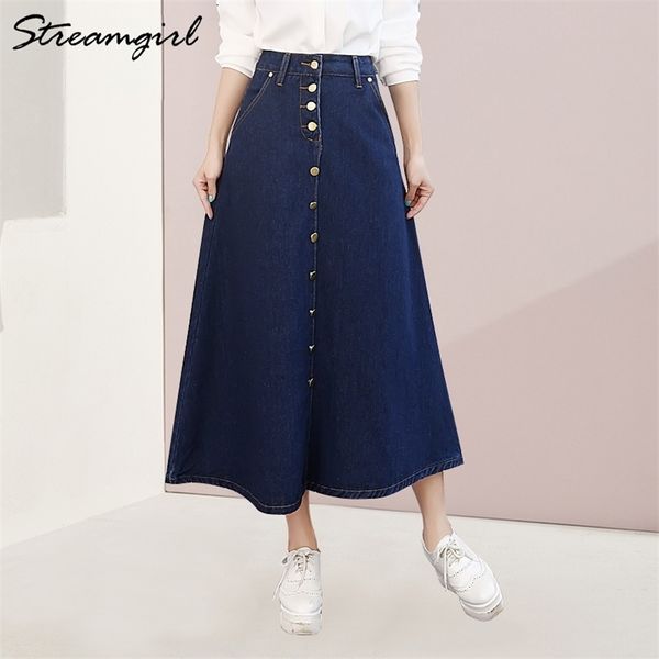 Salia de jeans de streamgirl Mulheres plus size coreano Moda de jeans Long Skirt Button Big Hem casual Saias de cintura alta por muito tempo para mulheres T200324