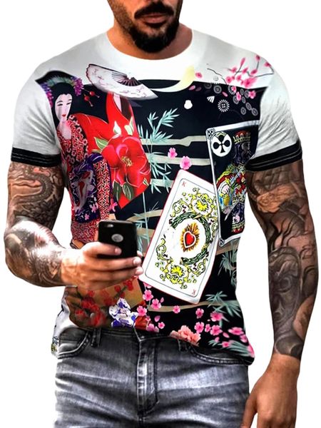 

men floral & playing card print tee w7ds#, White;black