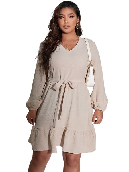 

plus solid v-neck bishop sleeve ruffle hem dress x45t#, Black