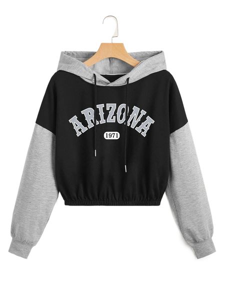 

letter graphic colorblock crop drawstring hoodie z5aj#, Black