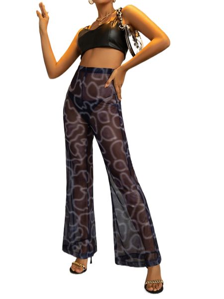

allover print mesh flare leg pants j1py#, Black;white
