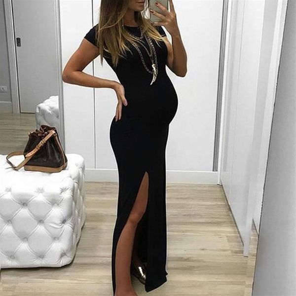 

2020 women's maternity dresses summer short sleeve solid clothes for pregnant dress casual split long pregnancy dress ropa mu340c, White