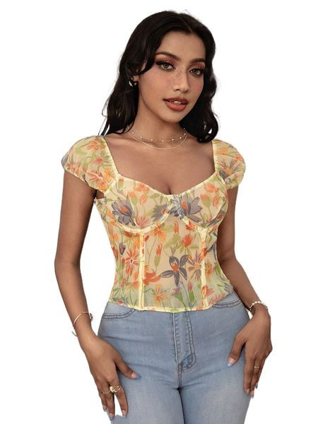 

floral print mesh puff sleeve underwire bra v1d7#, Black;red