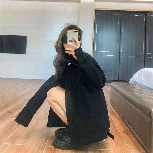 

65h7 315w denim jacket female black letter drill 2022 spring and autumn retro work clothes minority jacket loose and versatile fashion, Black;brown