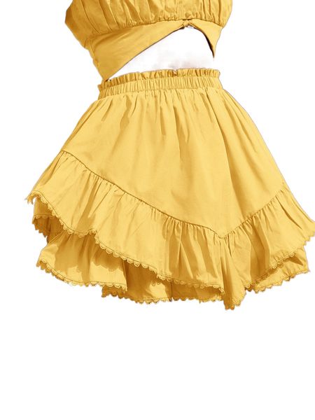 

paperbag waist layered ruffle hem skirt r64k#, Black