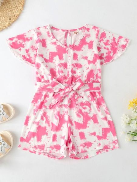 

toddler girls tie dye keyhole back belted romper she, Blue