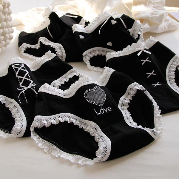 

cotton panties for women low waist underwear soft comfortable lingerie cute lolita cartoon underpants female intimate briefs, Black;pink