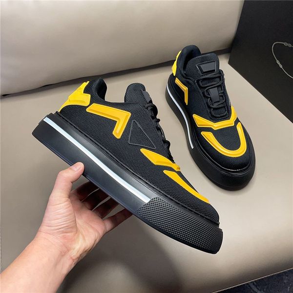

designer luxury macro re-nylon and brushed leather casual shoes sneakers black yellow with original box