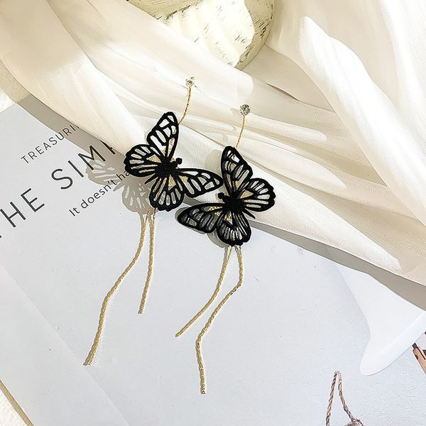 

925 silver needle retro chinese style butterfly long fringe earrings womens korean temperamental fairy earrings eardrop, Golden