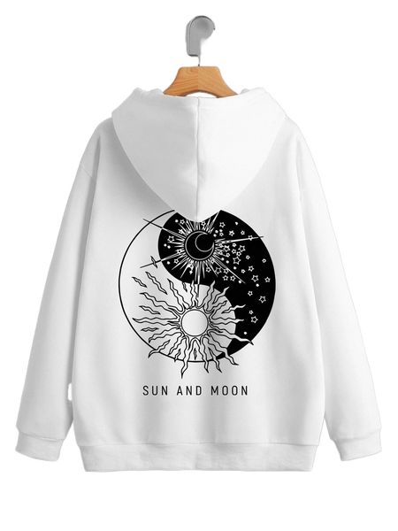 

sun moon & letter graphic kangaroo pocket drawstring thermal hoodie d47s#, Black