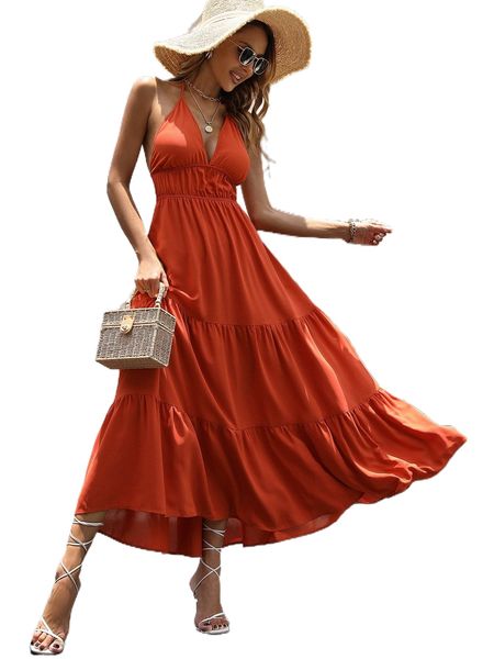 

tie backless ruffle hem halter dress h18p#, Black;gray