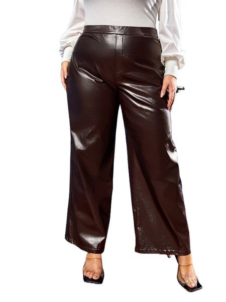 

plus high waist patent wide leg pants 270b#, Black
