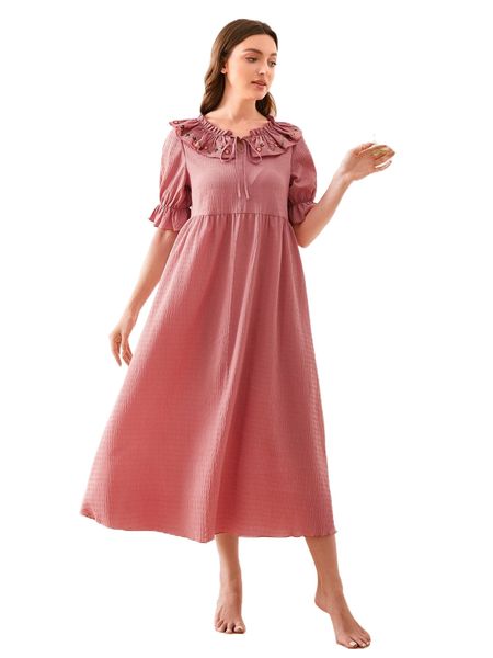 

floral embroidery tie neck ruffle trim puff sleeve night dress s1mz#, Black;red