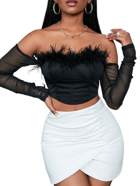 

off shoulder contrast mesh fuzzy trim crop 81xe#, White
