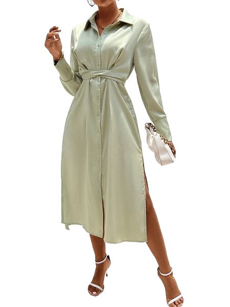 

criss cross tie back split hem shirt dress a4hp#, Black;gray