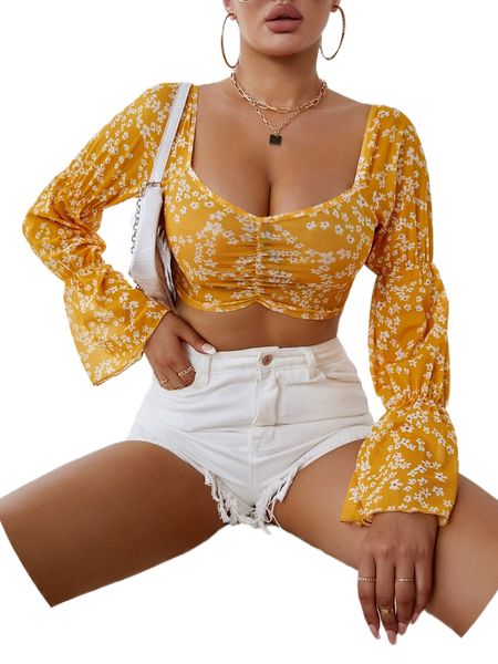 

ditsy floral sweetheart neck flounce sleeve crop z1cl#, White