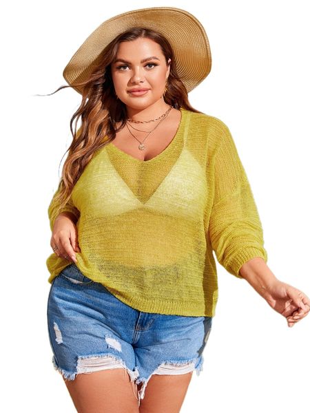 

plus drop shoulder sheer sweater without bra h1hz#, Black