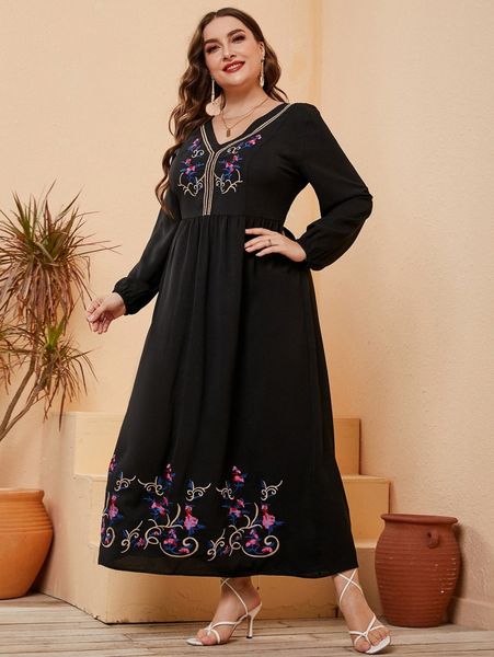 

plus floral embroidery lantern sleeve dress n0yc#, Black