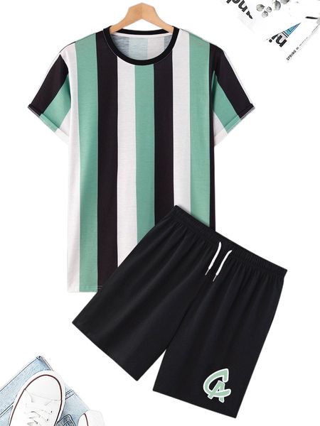 

men block striped tee & letter graphic drawstring shorts s8a2#, Gray