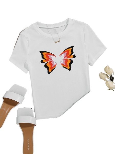 

butterfly print round neck tee c3tb#, White