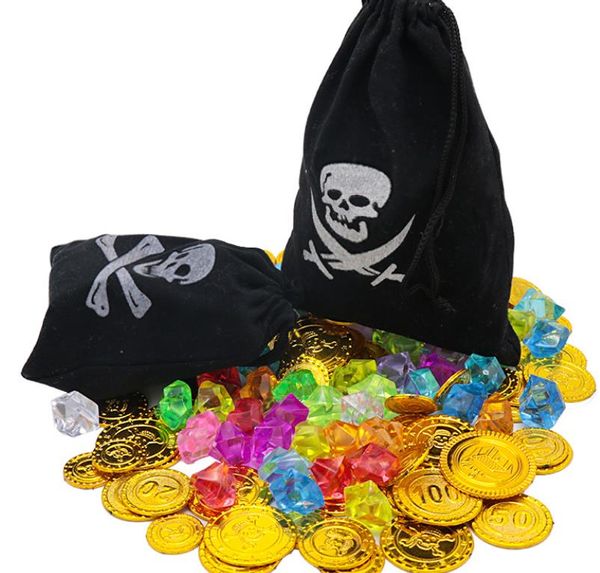 Forniture per decorazioni per feste di pirati di Halloween Monete pirata Gemme Borsa Set Tasca con coulisse per accessorio costume cosplay a tema