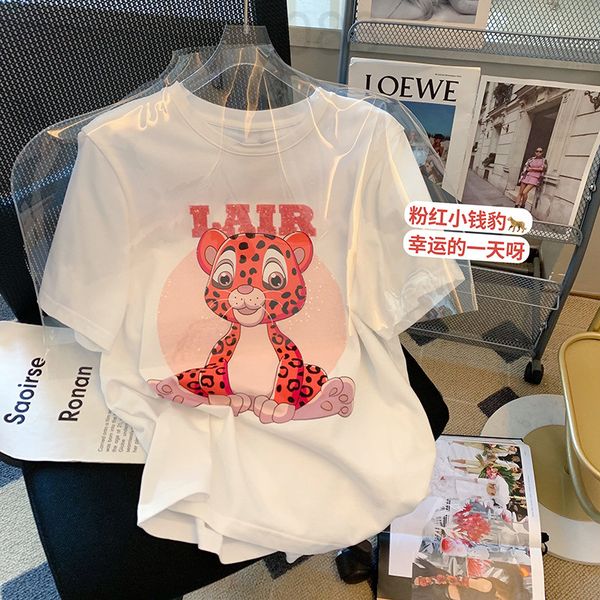 

women's t-shirt designer summer 2022 new t-shirt women's korean version pink little leopard print medium long short sleeved loose, White