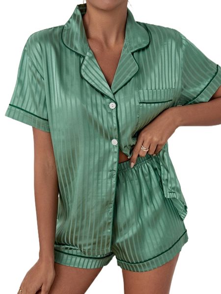 

striped button front satin night set h0jj#, Black;red