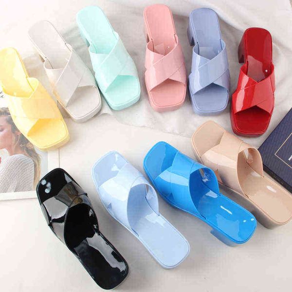 

high-heeled thick soled slippers women's head heel line sandals candy jelly, Black