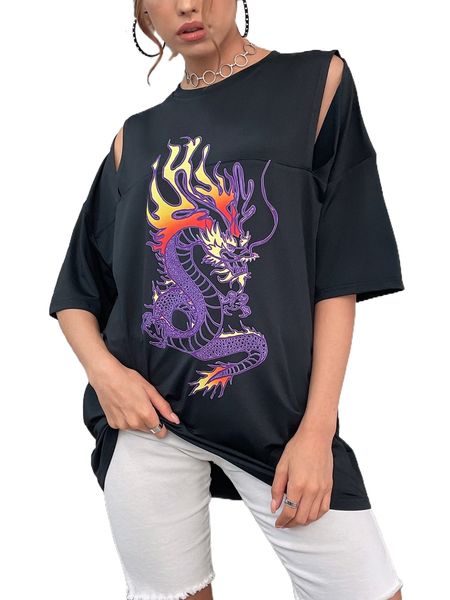 

dragon print cut out drop shoulder oversized tee 10ka#, White