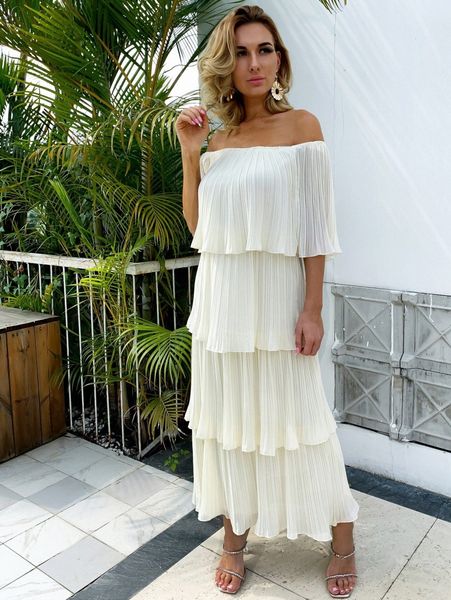 

joyfunear layered pleated flounce bardot dress 31xf#, Black;gray