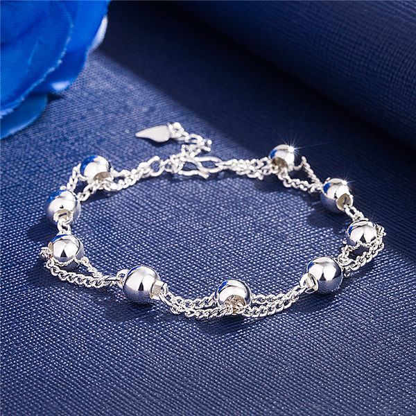 Bracciale in argento per gioielli da donna Regali per ragazze Bracciale con perline lucide Festa in spiaggia Bracciali con catene multistrato con perline carine