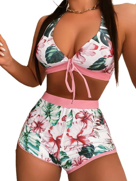 

3pack tropical print halter bikini swimsuit & swim shorts s7mp#, White;black