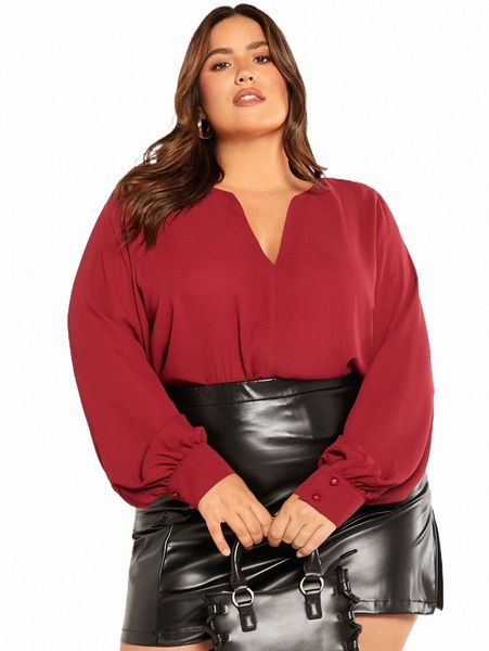 

evolu plus solid notched neck blouse a77f#, Black