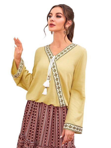 

1pc contrast geo tape tassel knot front blouse a9dw#, White