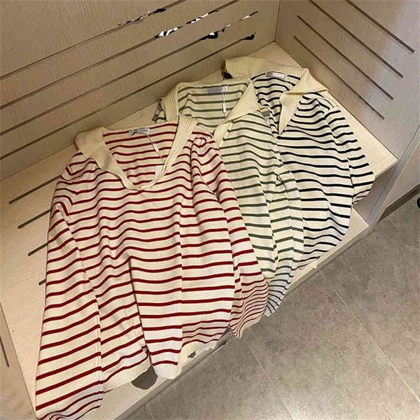 

2022 new special offer d + early autumn navy contrast stripe v-neck sweater women's sweet age reducing loose sweater, White