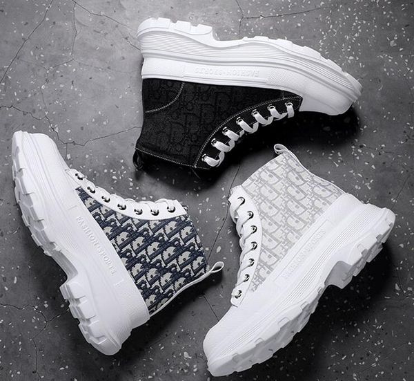 

designer men print canvas sneakers casual shoes platform sport increase loafers flat heel round toe lace-up fashion internet celebrity trave, Black
