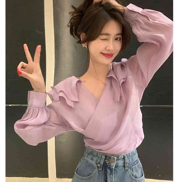 

women's polos 2022 spring design sense of minority v-neck cross short temperament ruffle long sleeve purple shirt women's fashion, White