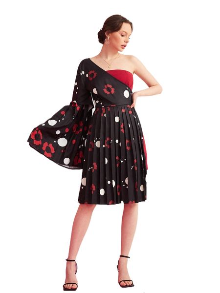 

x ari floral & polka dot print one shoulder pleated dress & tube dress 401a#, White