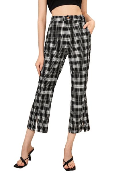 

x caramel lolly plaid print split hem flare leg pants s7md#, Black;white