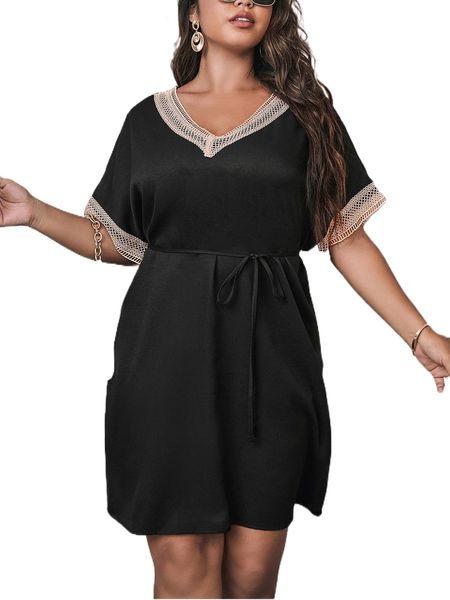 

plus contrast guipure lace belted dress p1oa#, Black