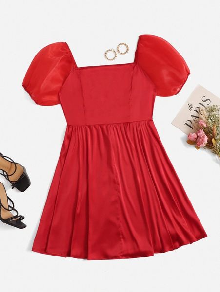 

plus puff sleeve square neck dress f5yk#, Black