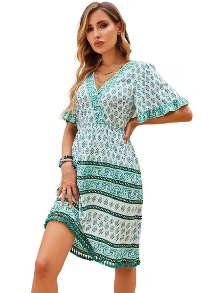 

allover print butterfly sleeve a-line dress d80k#, Black;gray