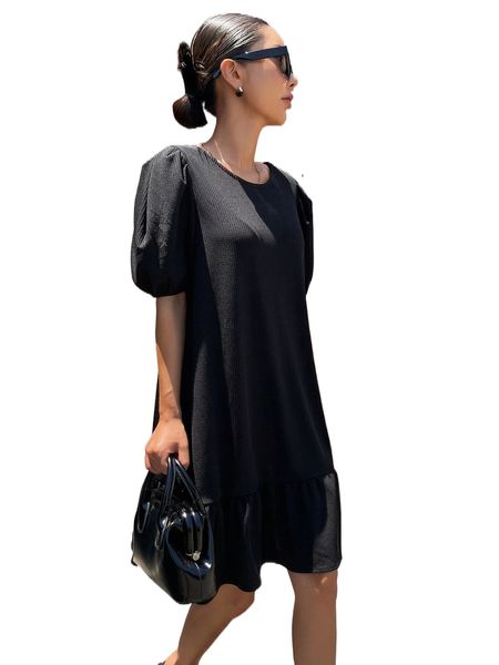 

dazy puff sleeve ruffle hem smock dress g17q#, Black;gray