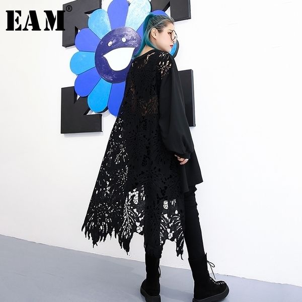 

eam spring autumn round neck long sleeve black lace hollow out irregular loose big size dress women fashion jh587 y200805, Black;pink