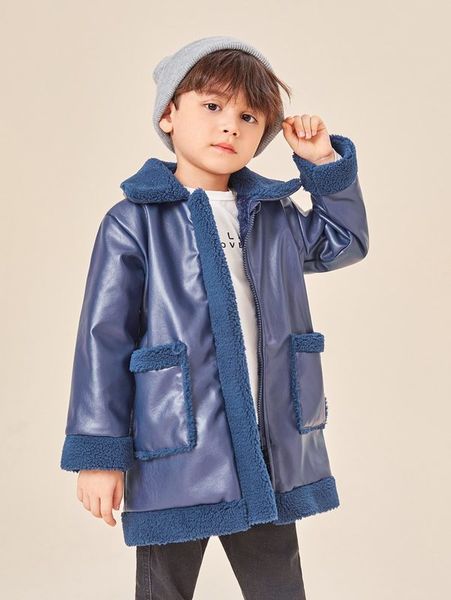 

toddler boys teddy panel zip up pu leather coat she, Blue;gray