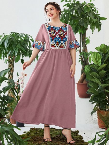 

plus geo print contrast guipure lace flounce sleeve dress q54v#, Black