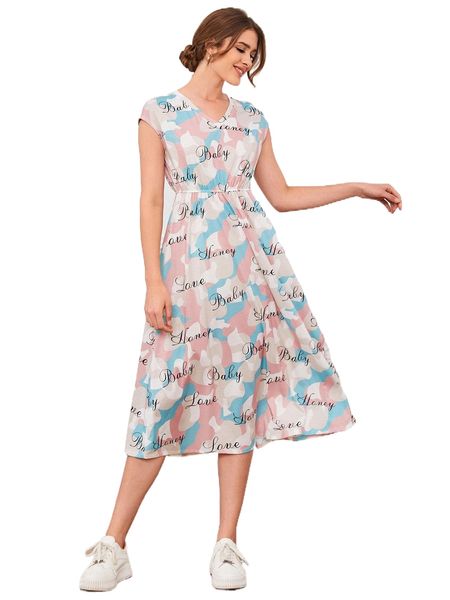 

letter & camo print batwing sleeve dress a8cv#, Black;gray